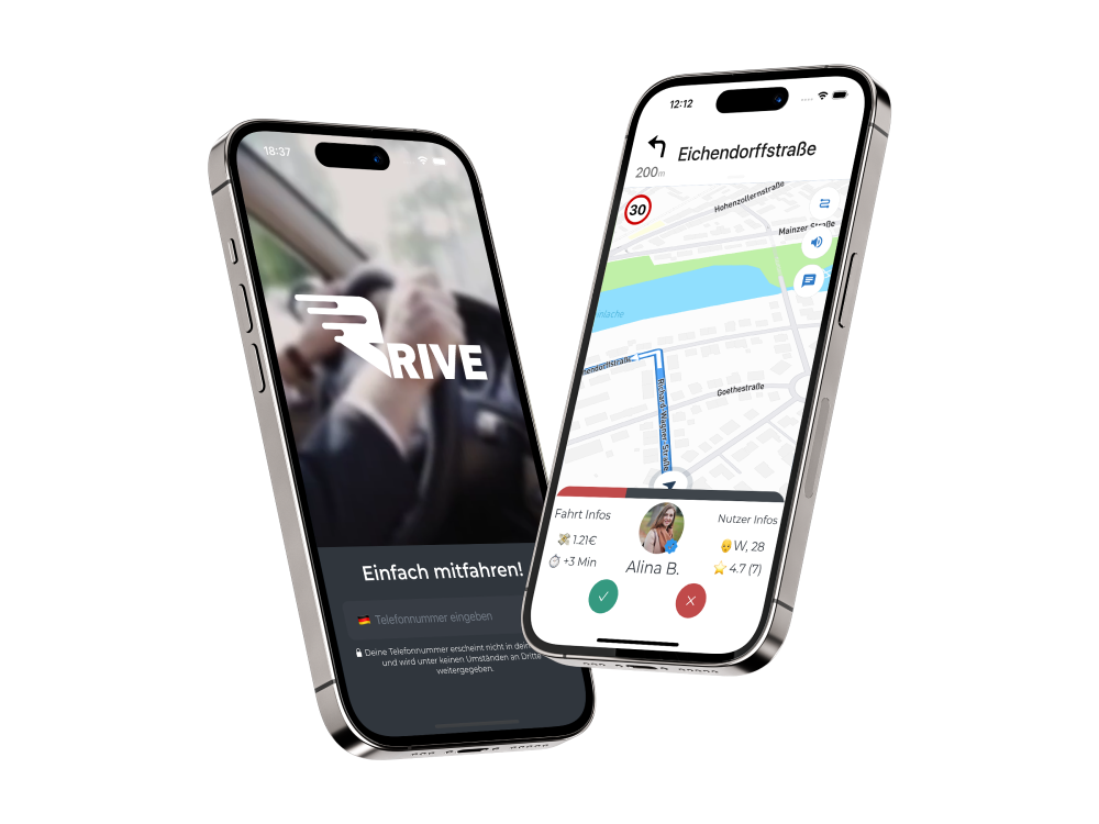 Abbildung auf der zwei iPhones zu sehen sind, welche die RRive App geöffnet haben.